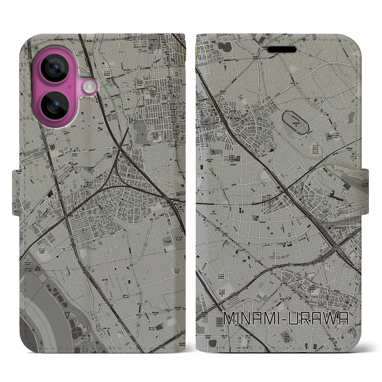 【南浦和(埼玉県)】地図柄iPhoneケース(手帳タイプ)モノトーン・iPhone 16 Pro 用