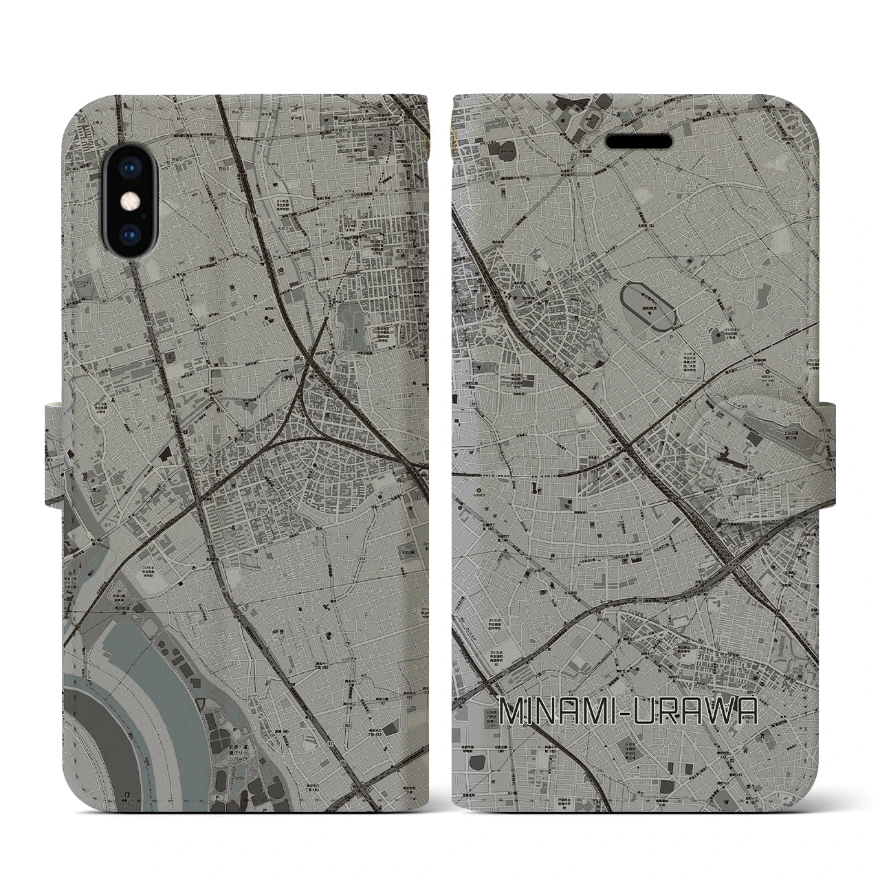 【南浦和(埼玉県)】地図柄iPhoneケース(手帳タイプ)モノトーン・iPhone XS / X 用