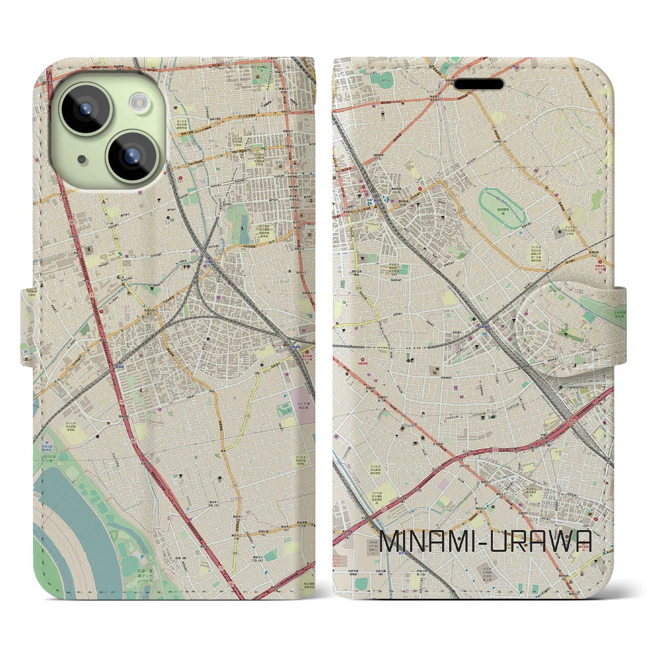 【南浦和(埼玉県)】地図柄iPhoneケース(手帳タイプ)ナチュラル・iPhone 15 用