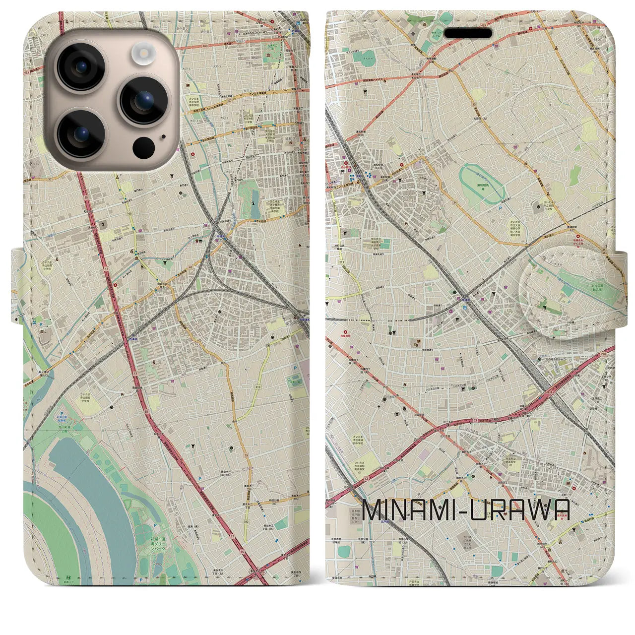 【南浦和(埼玉県)】地図柄iPhoneケース(手帳タイプ)ナチュラル・iPhone 16 Plus 用