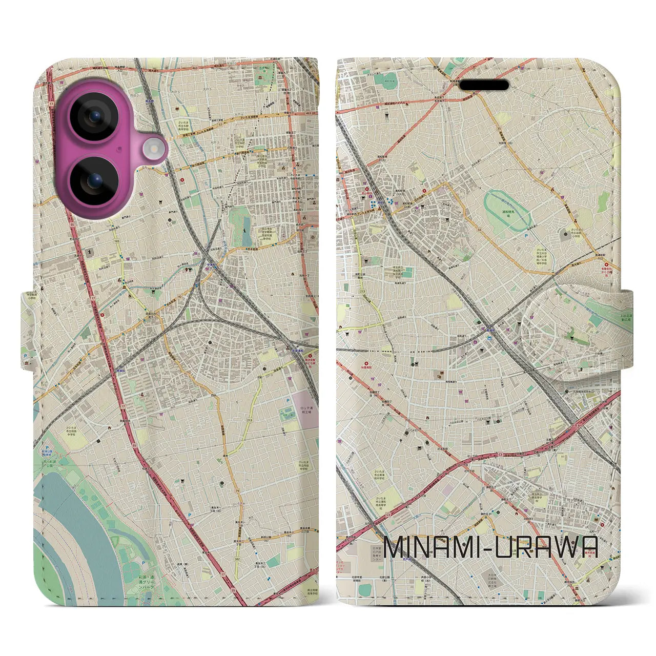 【南浦和(埼玉県)】地図柄iPhoneケース(手帳タイプ)ナチュラル・iPhone 16 Pro 用