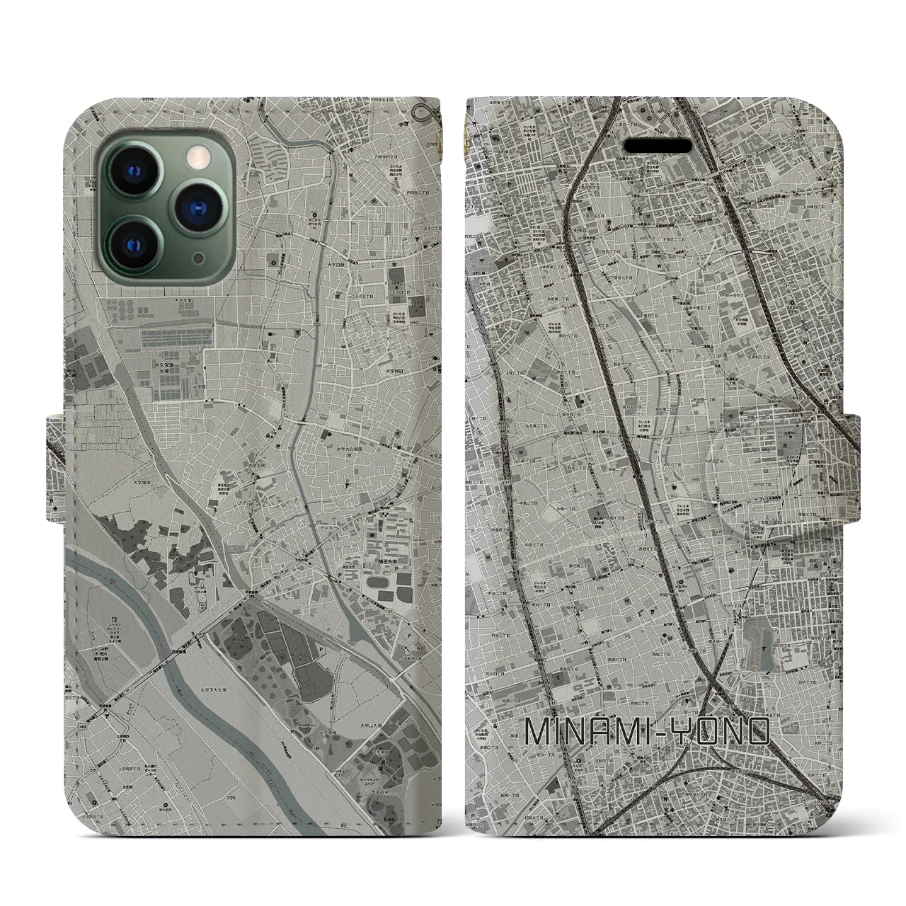 【南与野(埼玉県)】地図柄iPhoneケース(手帳タイプ)モノトーン・iPhone 11 Pro 用