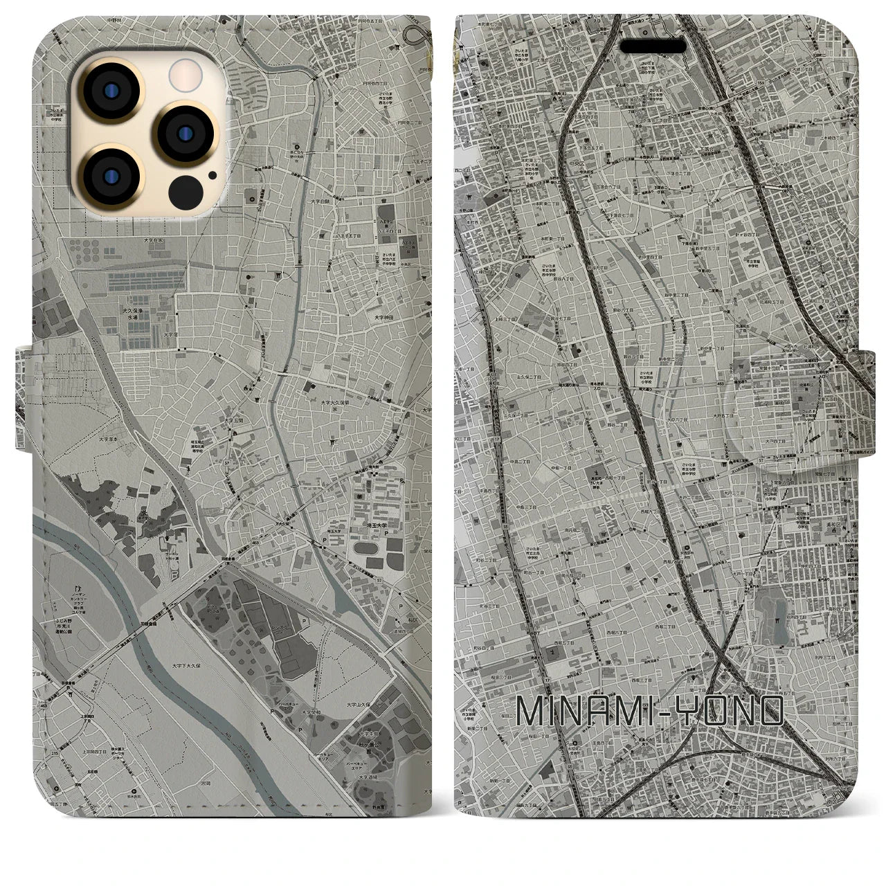 【南与野(埼玉県)】地図柄iPhoneケース(手帳タイプ)モノトーン・iPhone 12 Pro Max 用
