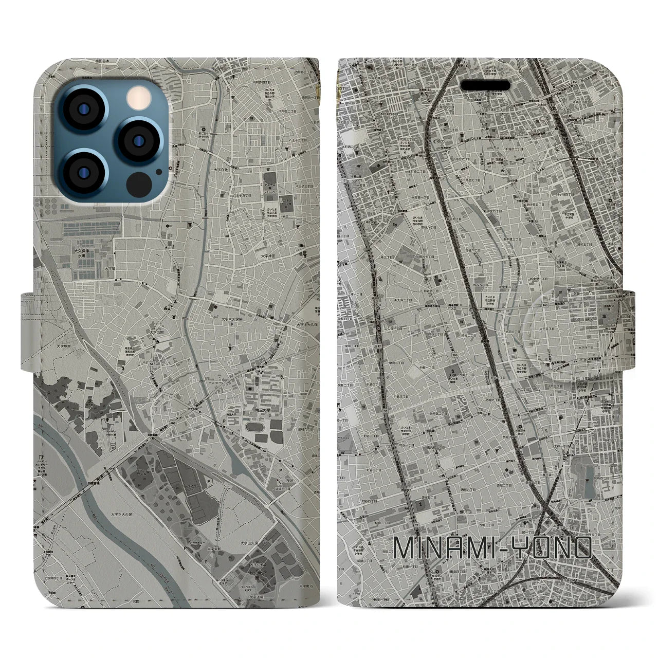 【南与野(埼玉県)】地図柄iPhoneケース(手帳タイプ)モノトーン・iPhone 12 / 12 Pro 用