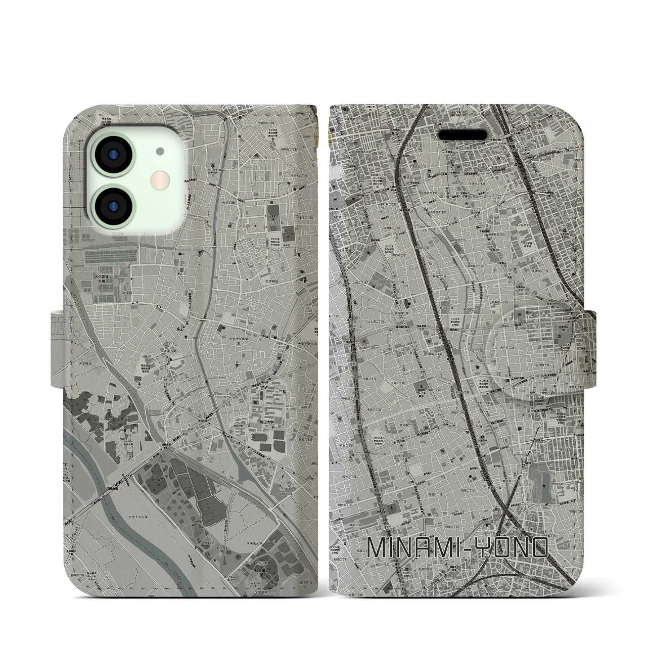 【南与野(埼玉県)】地図柄iPhoneケース(手帳タイプ)モノトーン・iPhone 12 mini 用