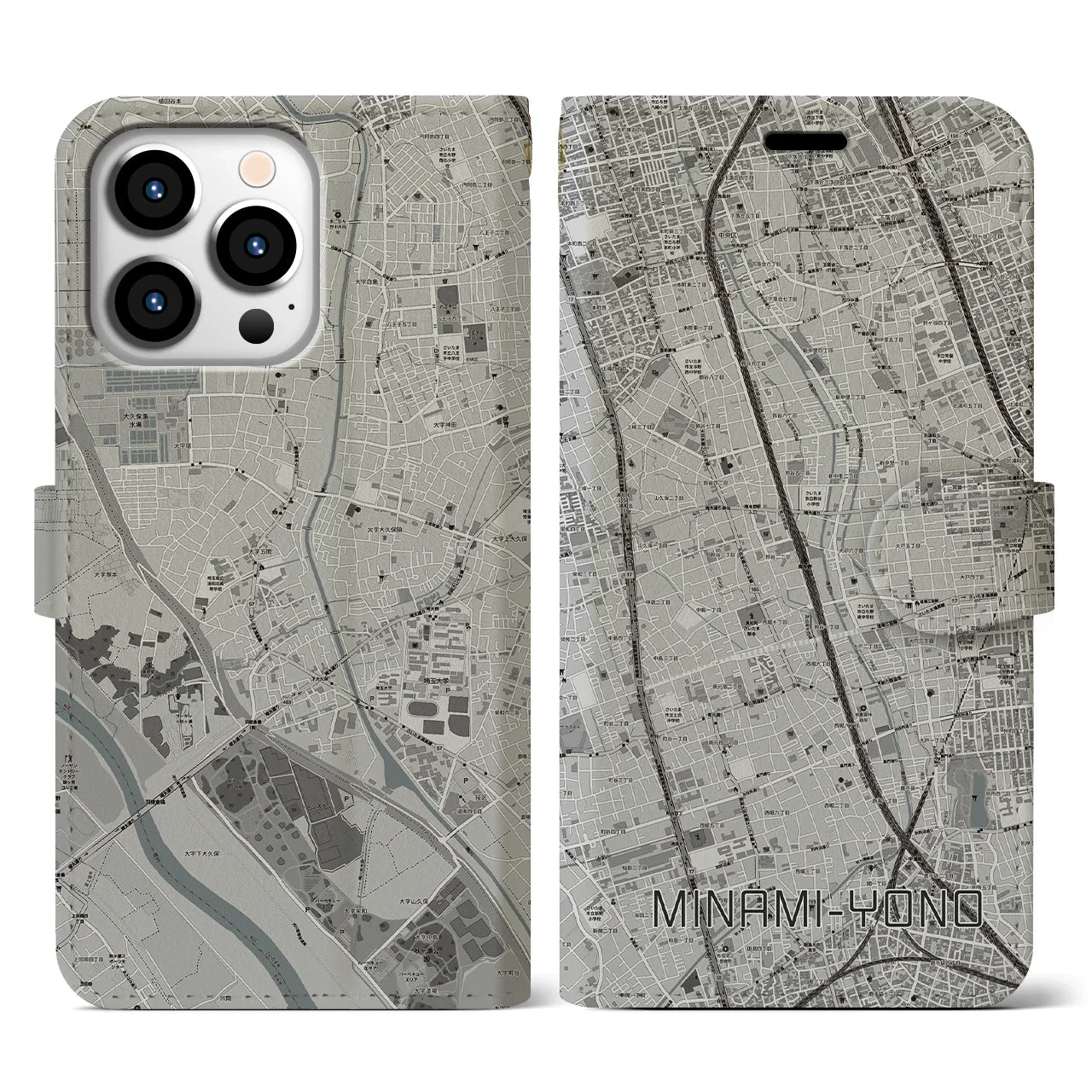 【南与野(埼玉県)】地図柄iPhoneケース(手帳タイプ)モノトーン・iPhone 13 Pro 用