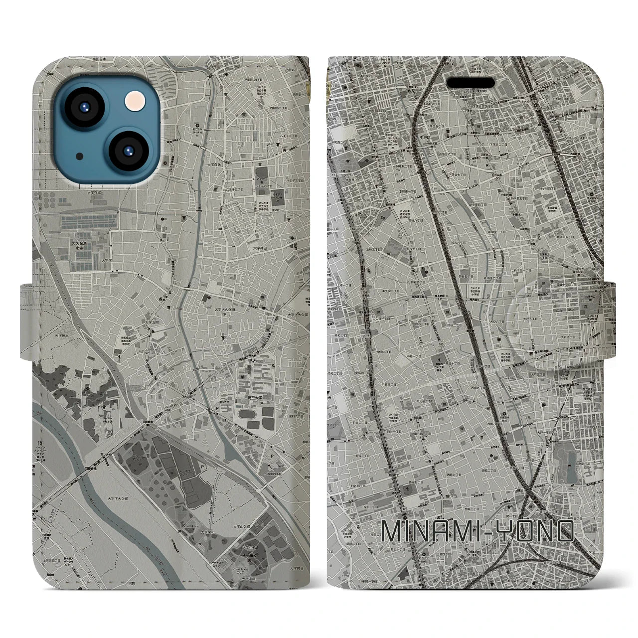 【南与野(埼玉県)】地図柄iPhoneケース(手帳タイプ)モノトーン・iPhone 13 用