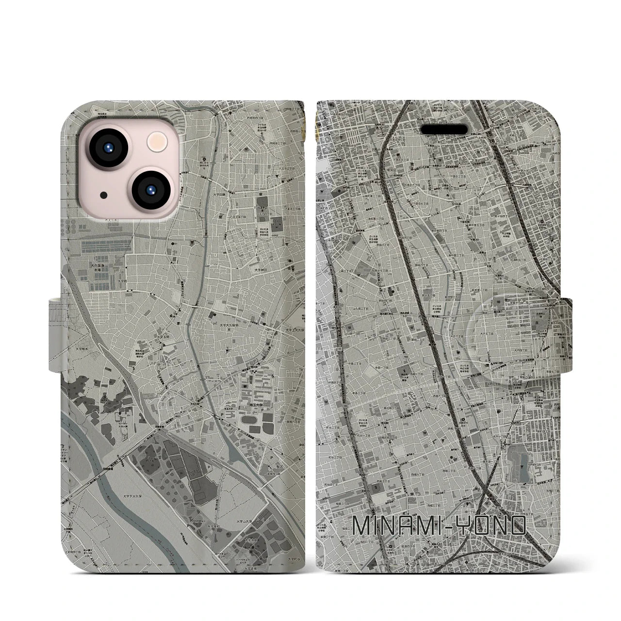 【南与野(埼玉県)】地図柄iPhoneケース(手帳タイプ)モノトーン・iPhone 13 mini 用