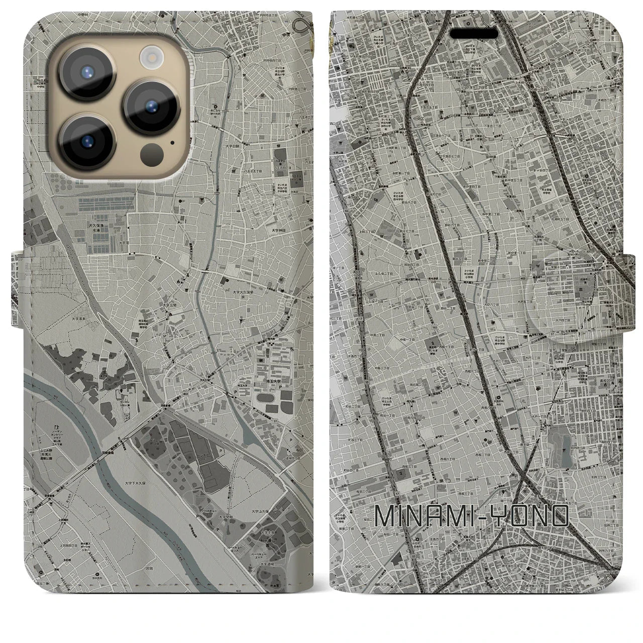【南与野(埼玉県)】地図柄iPhoneケース(手帳タイプ)モノトーン・iPhone 14 Pro Max 用