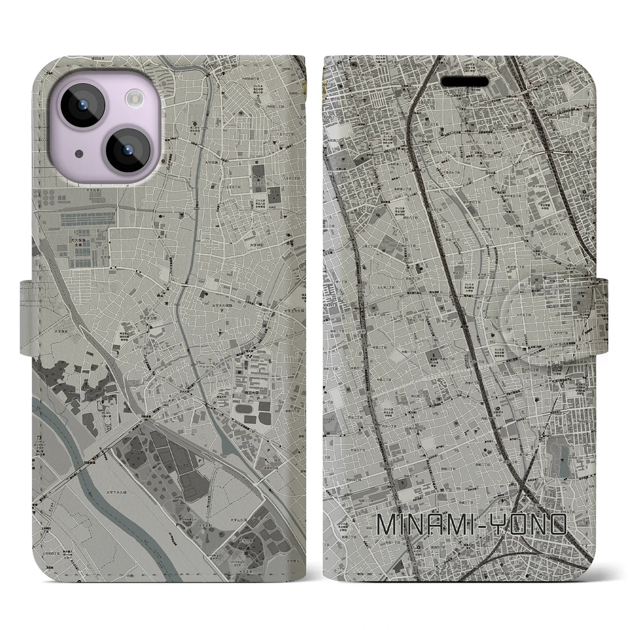 【南与野(埼玉県)】地図柄iPhoneケース(手帳タイプ)モノトーン・iPhone 14 用