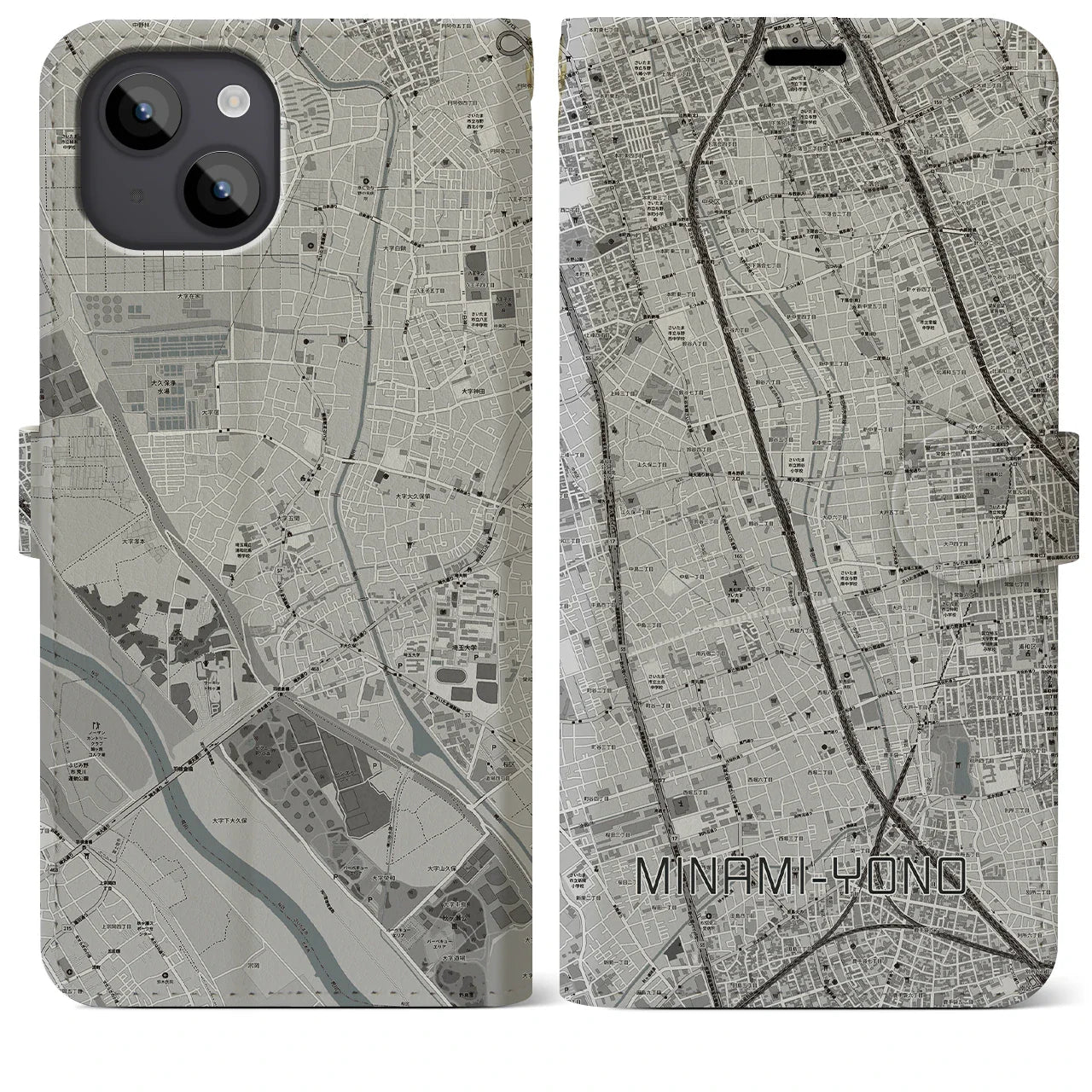 【南与野(埼玉県)】地図柄iPhoneケース(手帳タイプ)モノトーン・iPhone 14 Plus 用