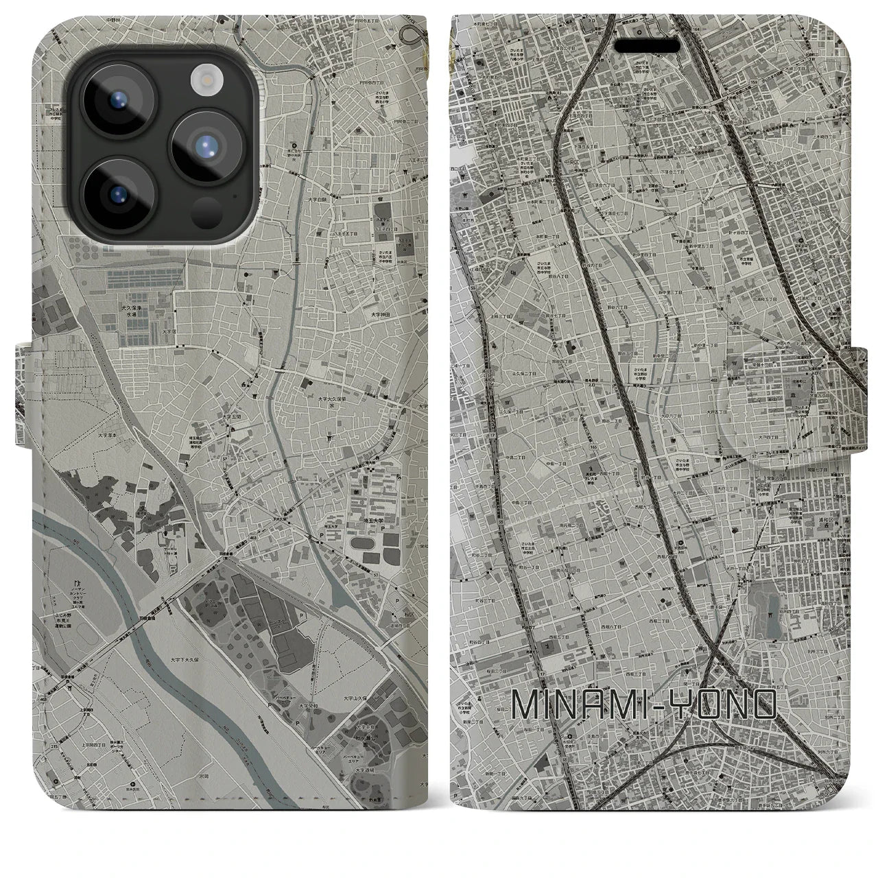 【南与野(埼玉県)】地図柄iPhoneケース(手帳タイプ)モノトーン・iPhone 15 Pro Max 用