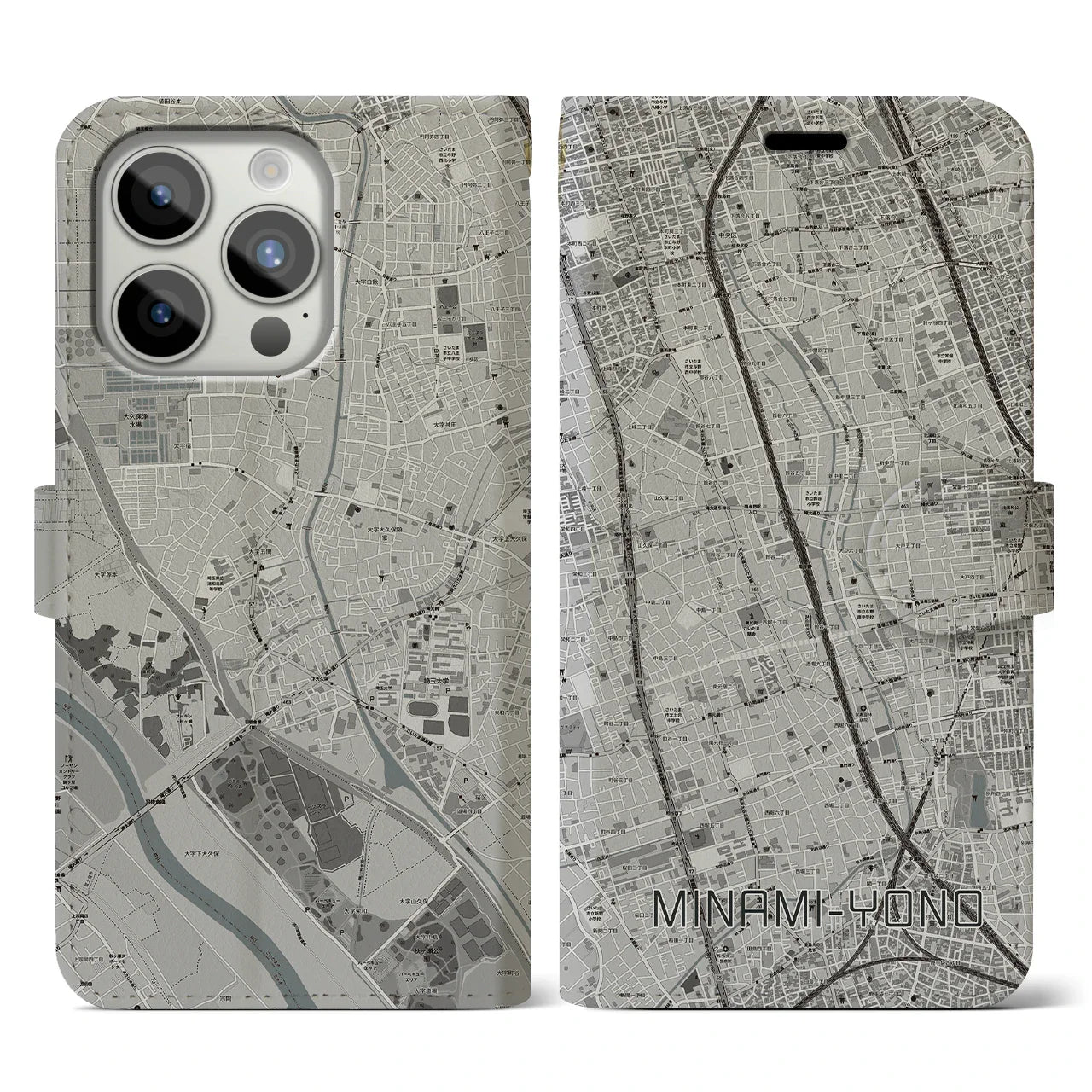 【南与野(埼玉県)】地図柄iPhoneケース(手帳タイプ)モノトーン・iPhone 15 Pro 用