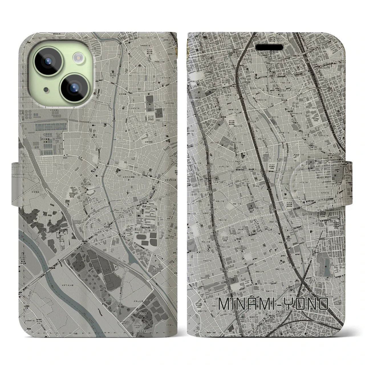 【南与野(埼玉県)】地図柄iPhoneケース(手帳タイプ)モノトーン・iPhone 15 用