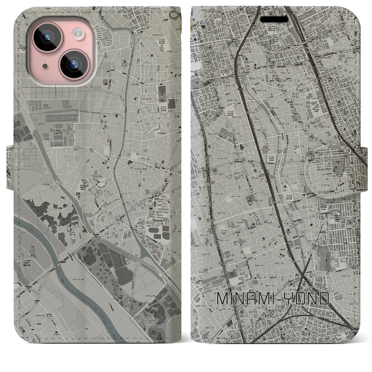 【南与野(埼玉県)】地図柄iPhoneケース(手帳タイプ)モノトーン・iPhone 15 Plus 用