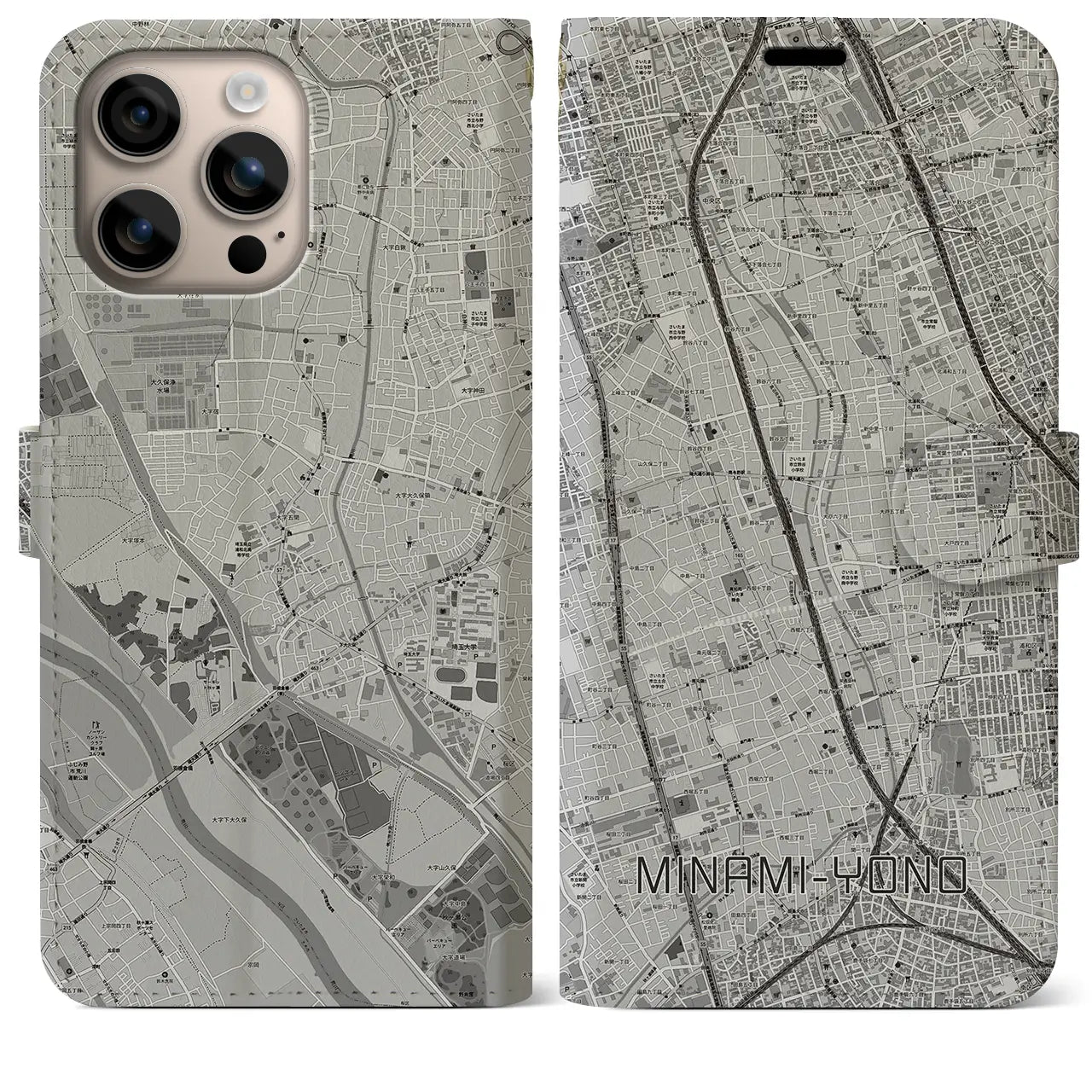 【南与野(埼玉県)】地図柄iPhoneケース(手帳タイプ)モノトーン・iPhone 16 Plus 用