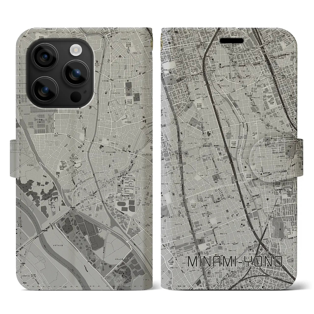 【南与野(埼玉県)】地図柄iPhoneケース(手帳タイプ)モノトーン・iPhone 16 用