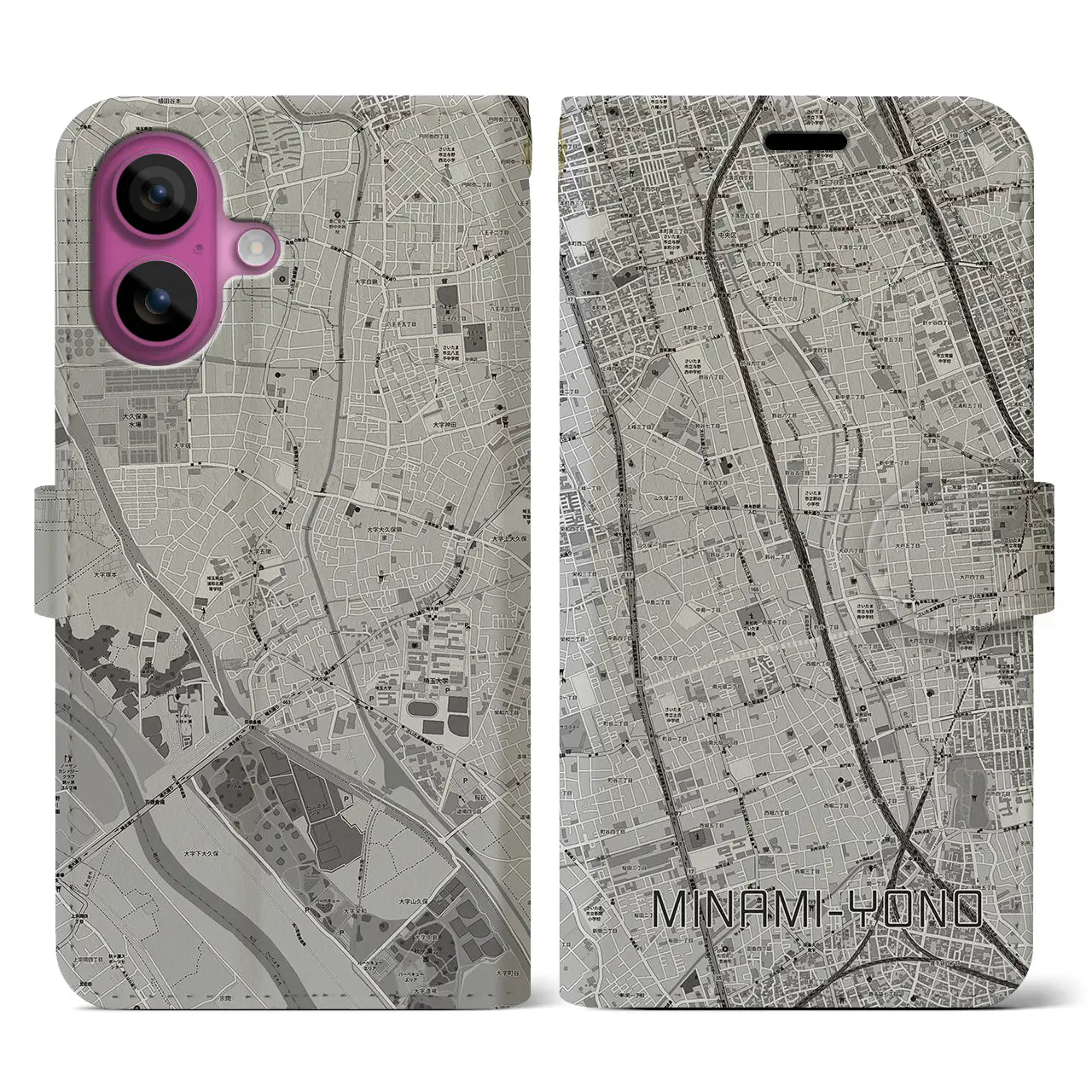 【南与野(埼玉県)】地図柄iPhoneケース(手帳タイプ)モノトーン・iPhone 16 Pro 用
