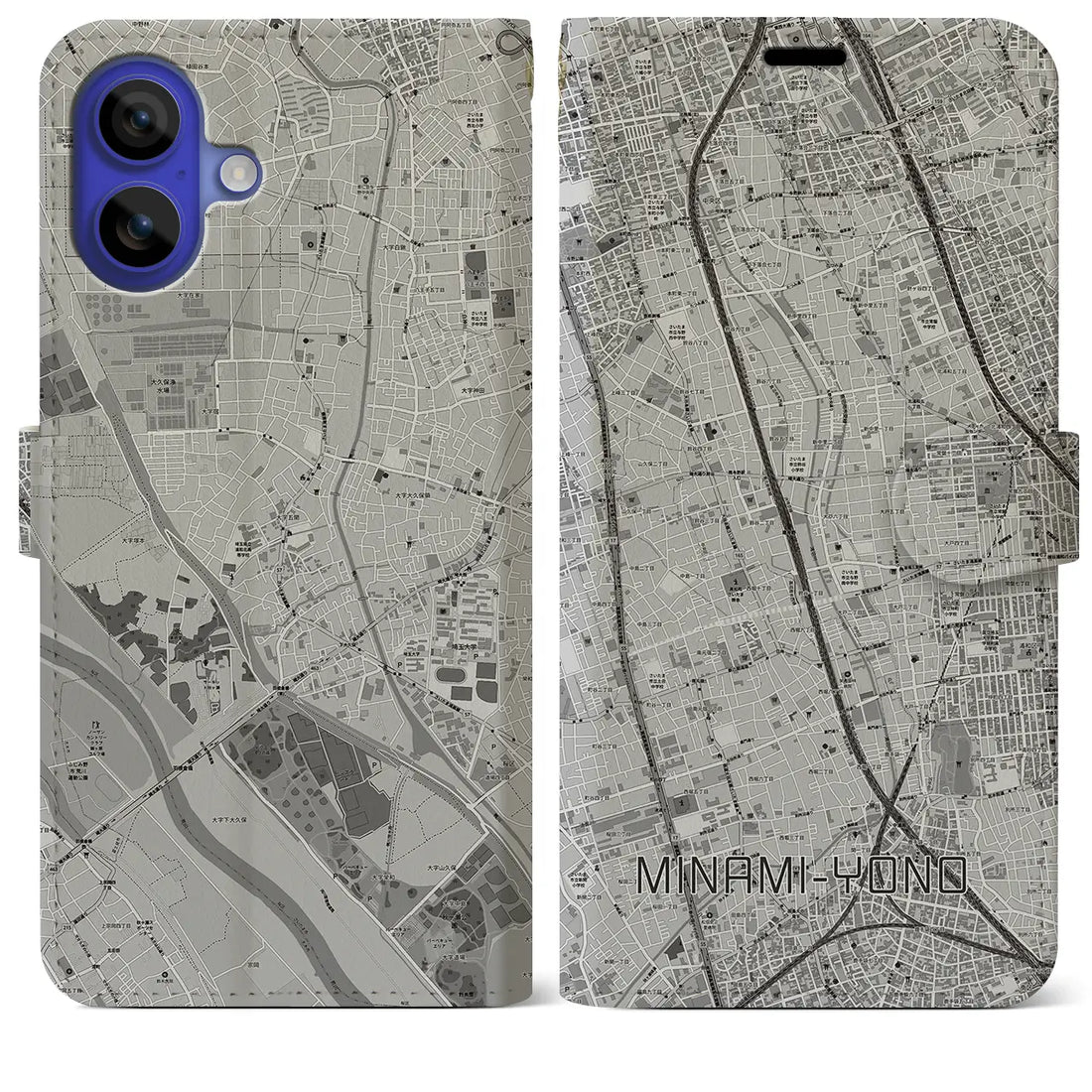 【南与野(埼玉県)】地図柄iPhoneケース(手帳タイプ)モノトーン・iPhone 16 Pro Max 用