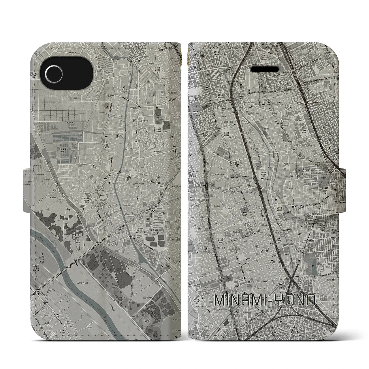 【南与野(埼玉県)】地図柄iPhoneケース(手帳タイプ)モノトーン・iPhone SE(第3 / 第2世代) / 8 / 7 / 6s / 6 用