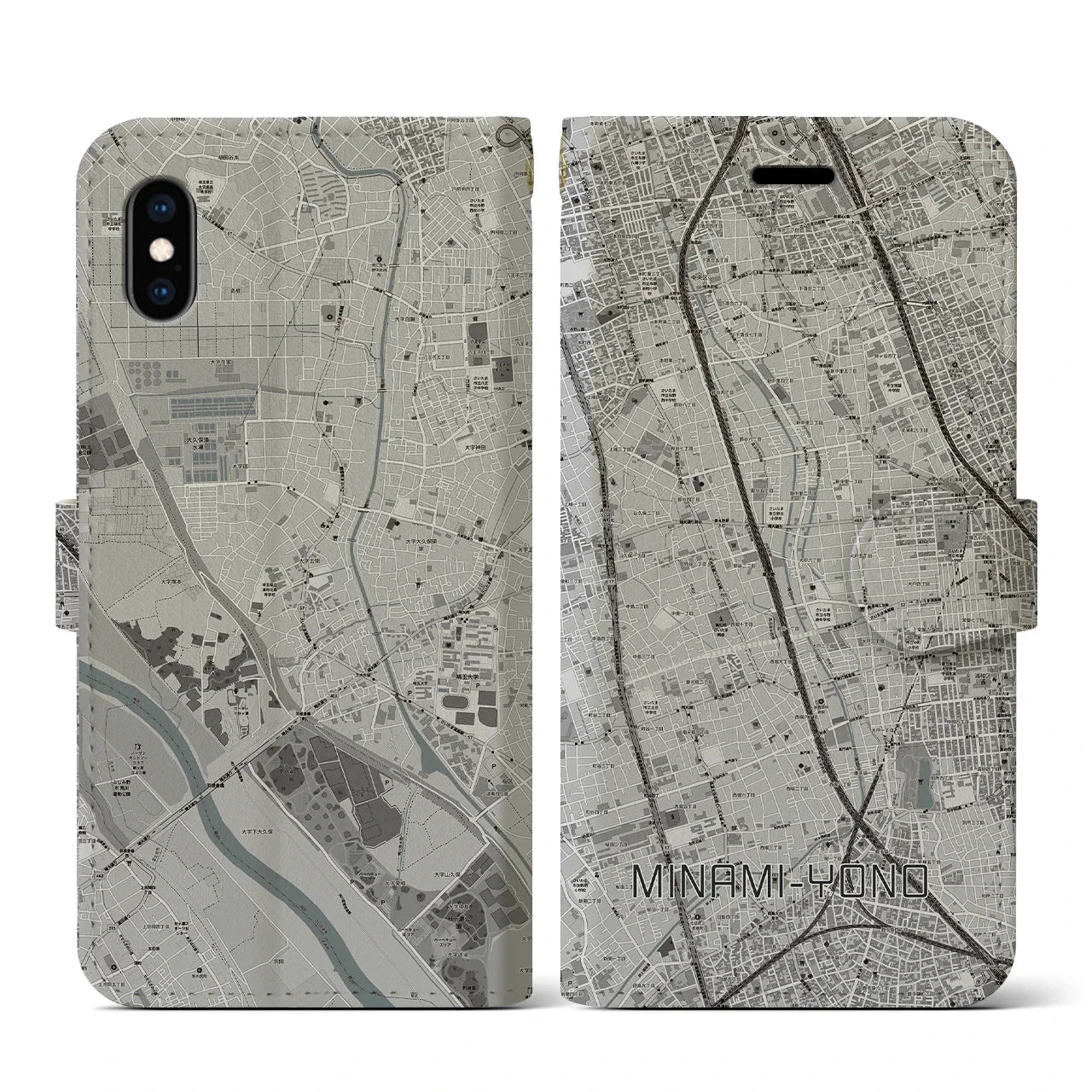 【南与野(埼玉県)】地図柄iPhoneケース(手帳タイプ)モノトーン・iPhone XS / X 用