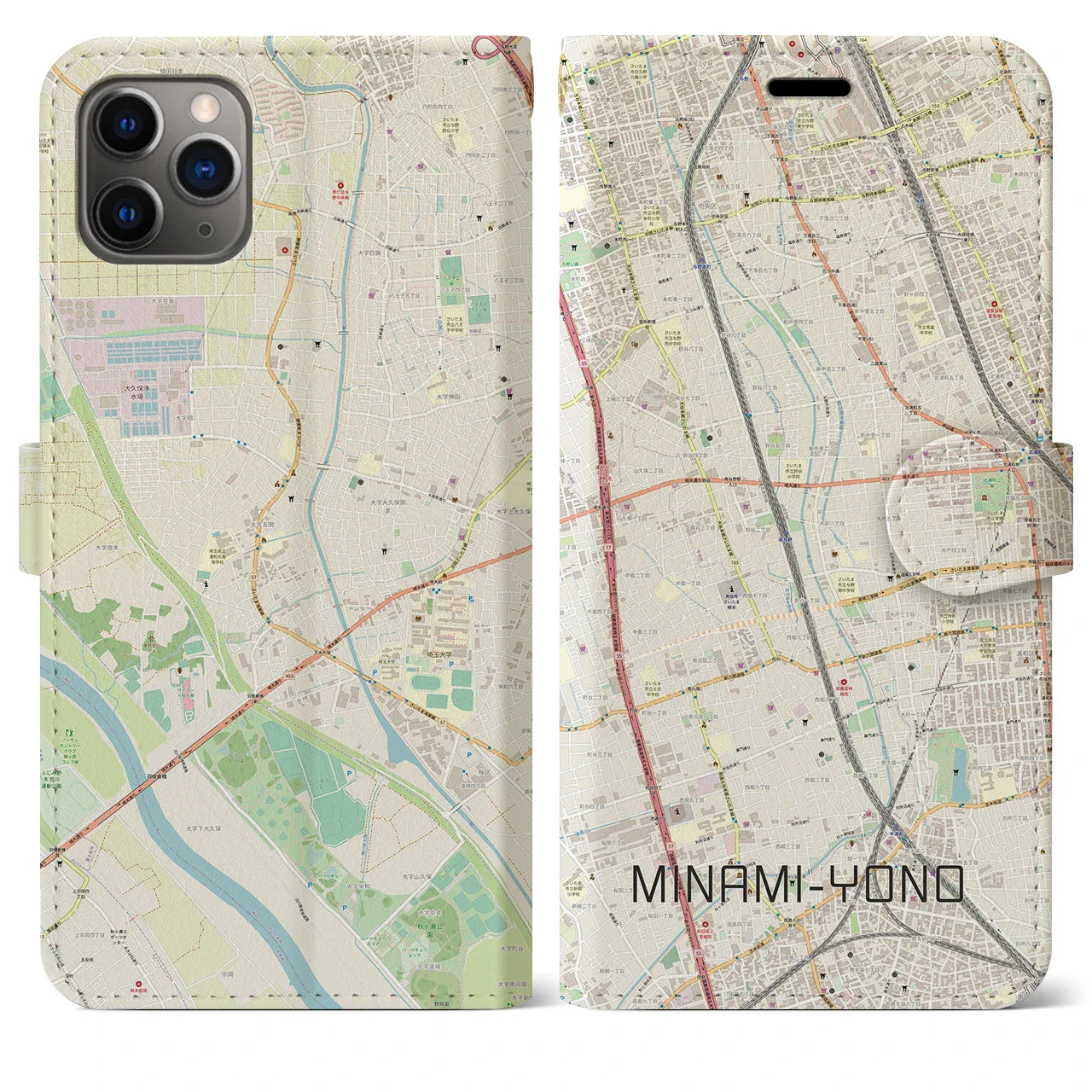 【南与野(埼玉県)】地図柄iPhoneケース(手帳タイプ)ナチュラル・iPhone 11 Pro Max 用