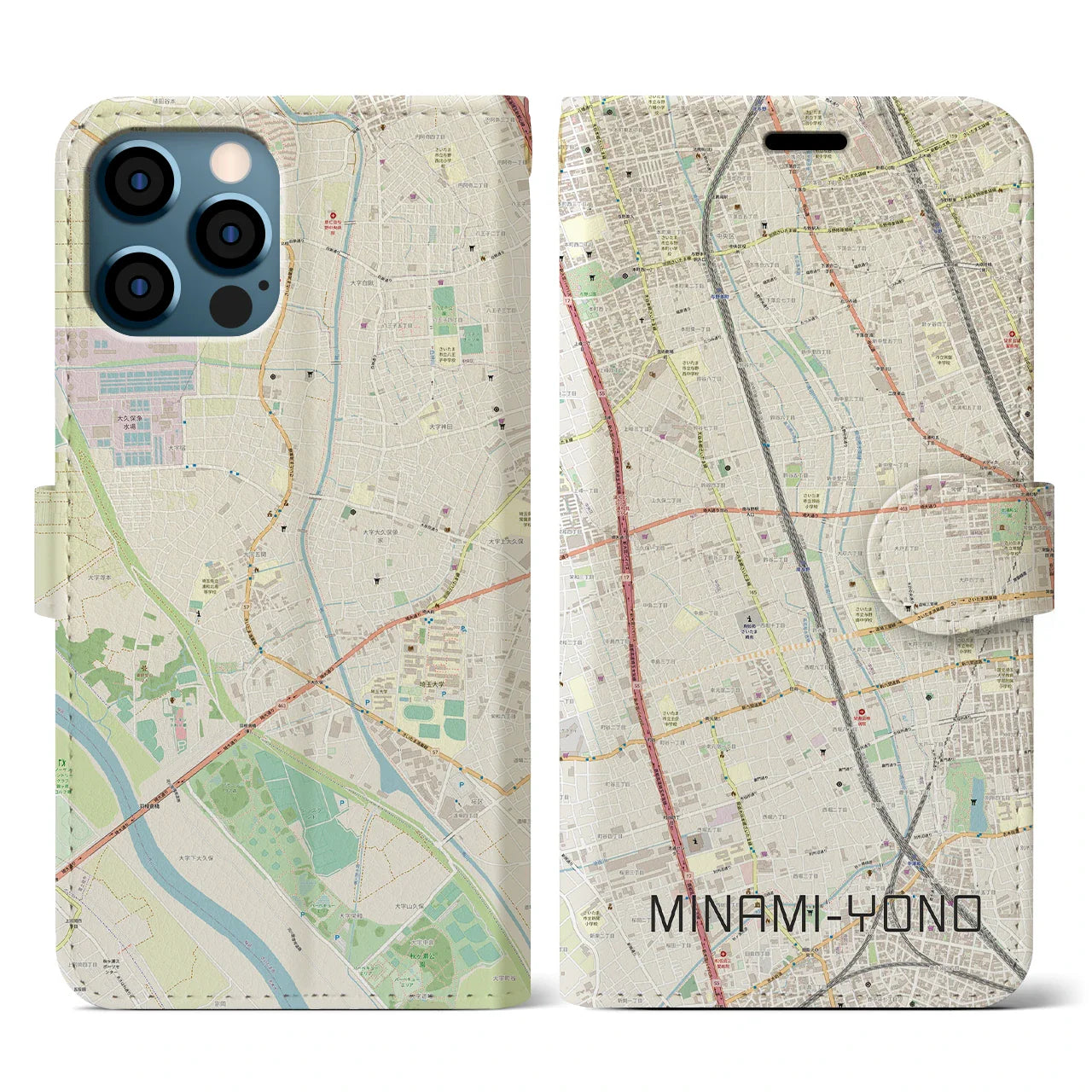 【南与野(埼玉県)】地図柄iPhoneケース(手帳タイプ)ナチュラル・iPhone 12 / 12 Pro 用