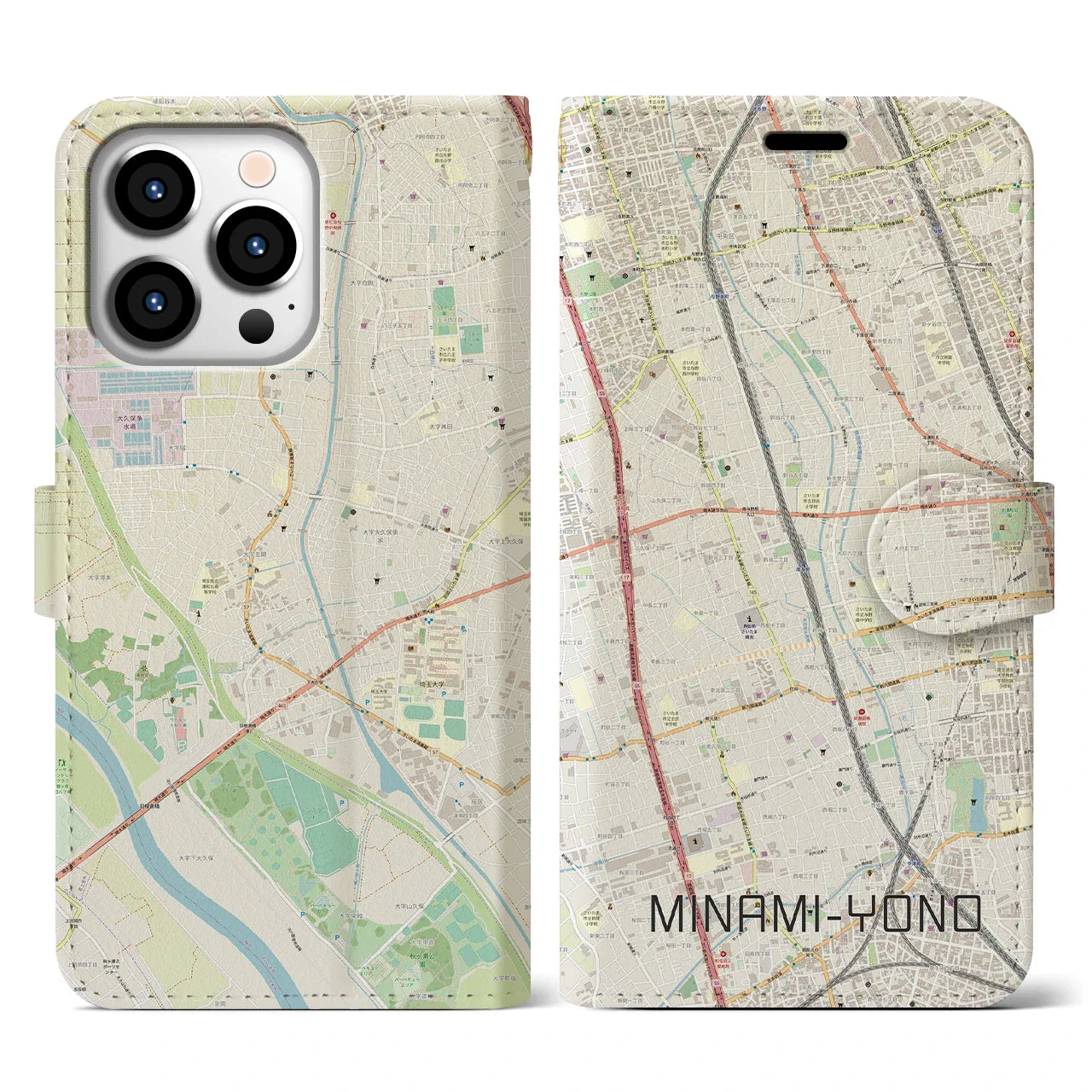 【南与野(埼玉県)】地図柄iPhoneケース(手帳タイプ)ナチュラル・iPhone 13 Pro 用