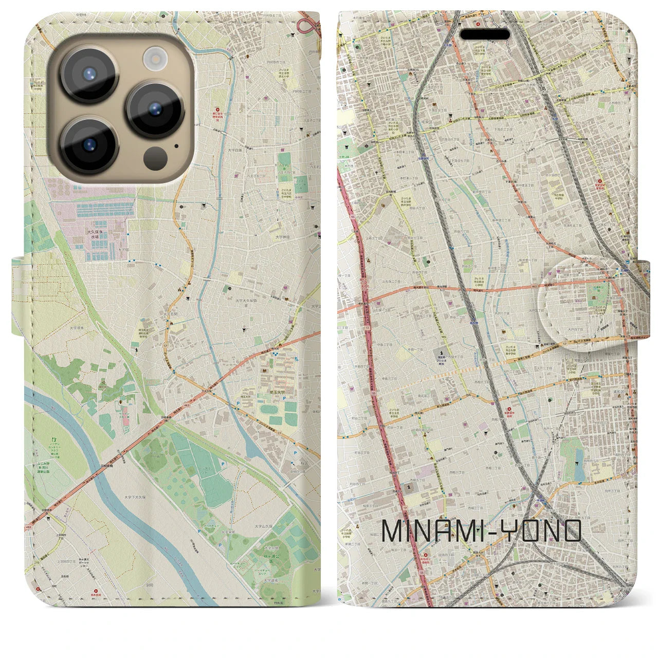 【南与野(埼玉県)】地図柄iPhoneケース(手帳タイプ)ナチュラル・iPhone 14 Pro Max 用