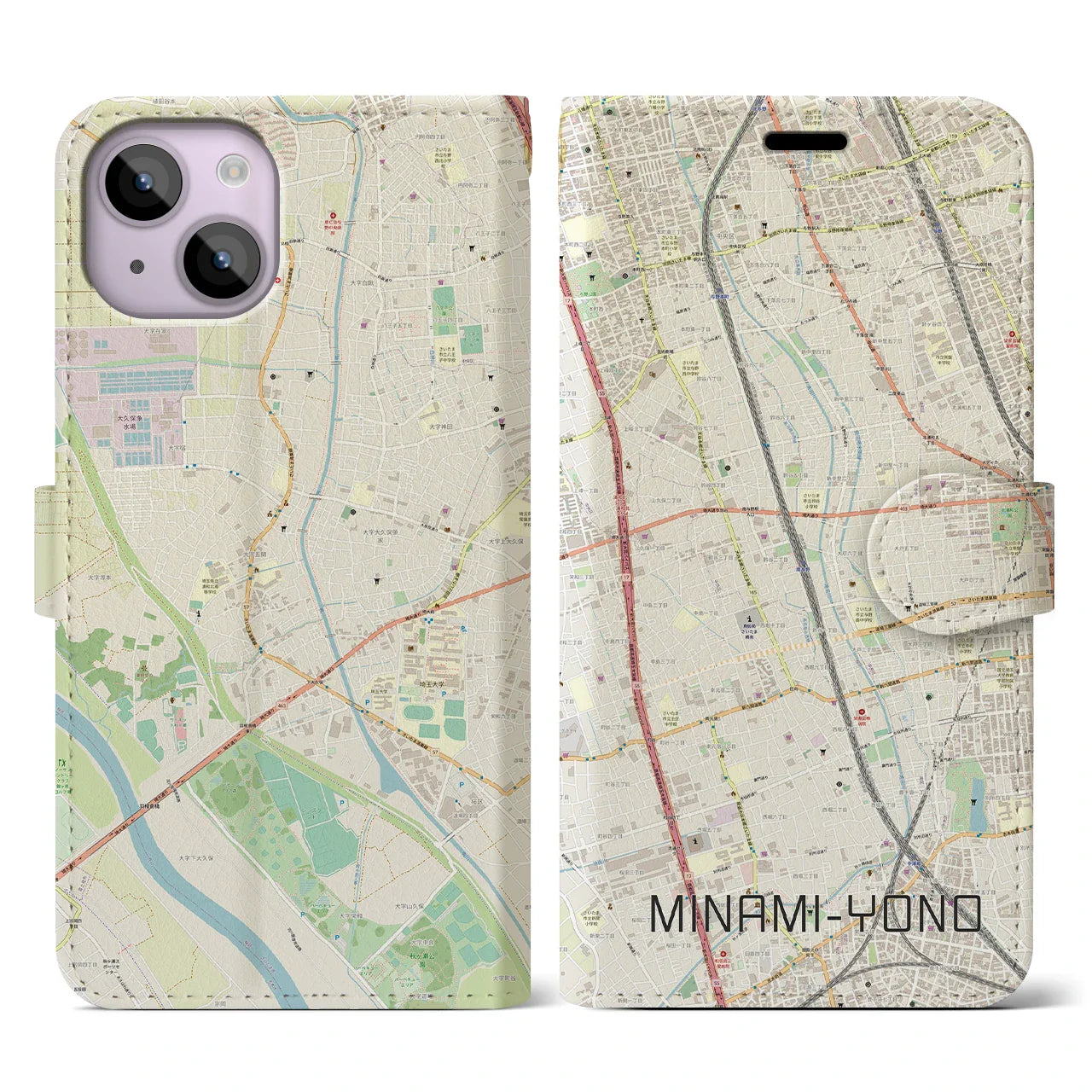 【南与野(埼玉県)】地図柄iPhoneケース(手帳タイプ)ナチュラル・iPhone 14 用