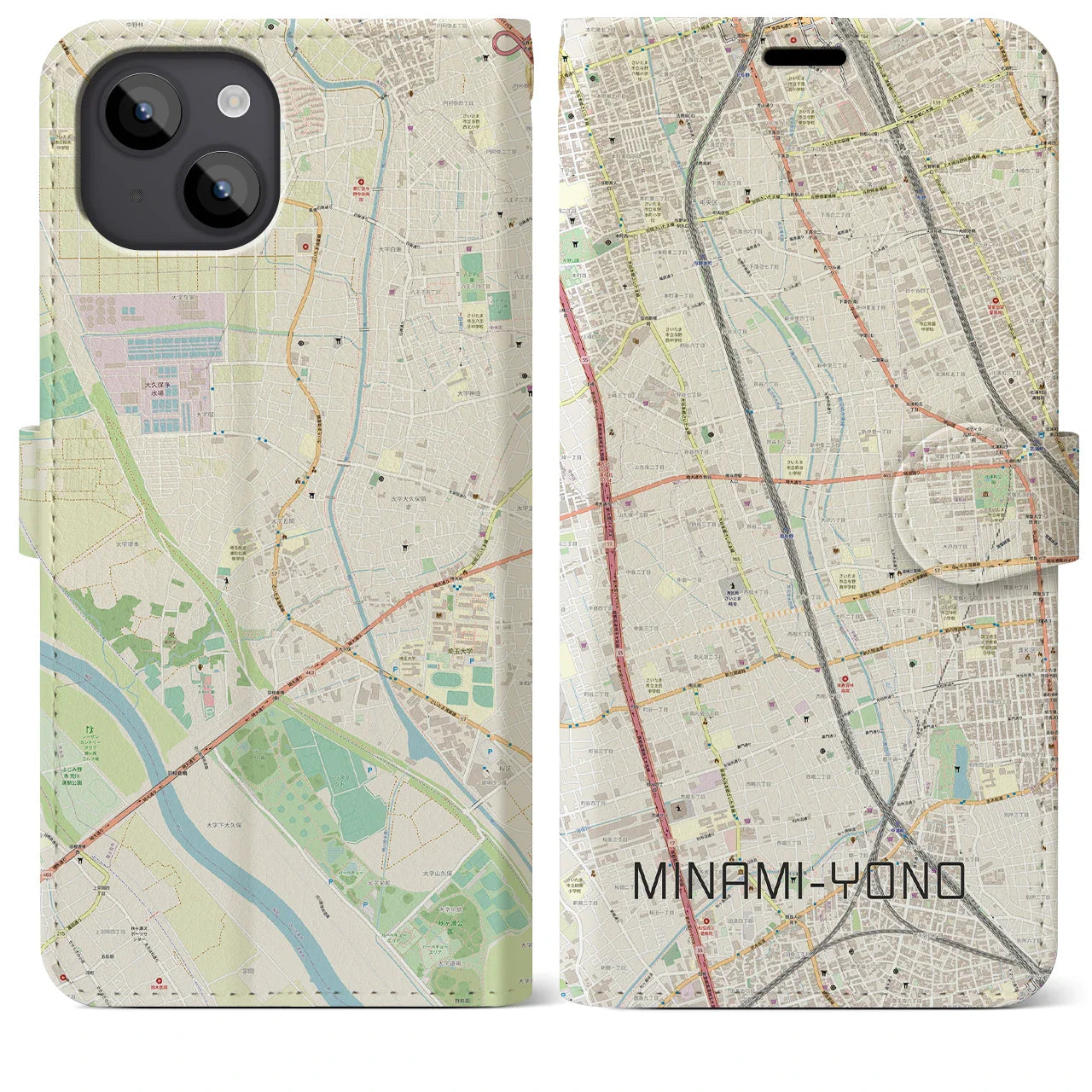 【南与野(埼玉県)】地図柄iPhoneケース(手帳タイプ)ナチュラル・iPhone 14 Plus 用
