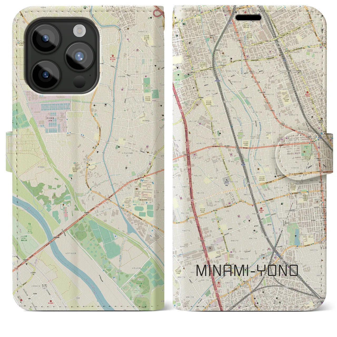 【南与野(埼玉県)】地図柄iPhoneケース(手帳タイプ)ナチュラル・iPhone 15 Pro Max 用