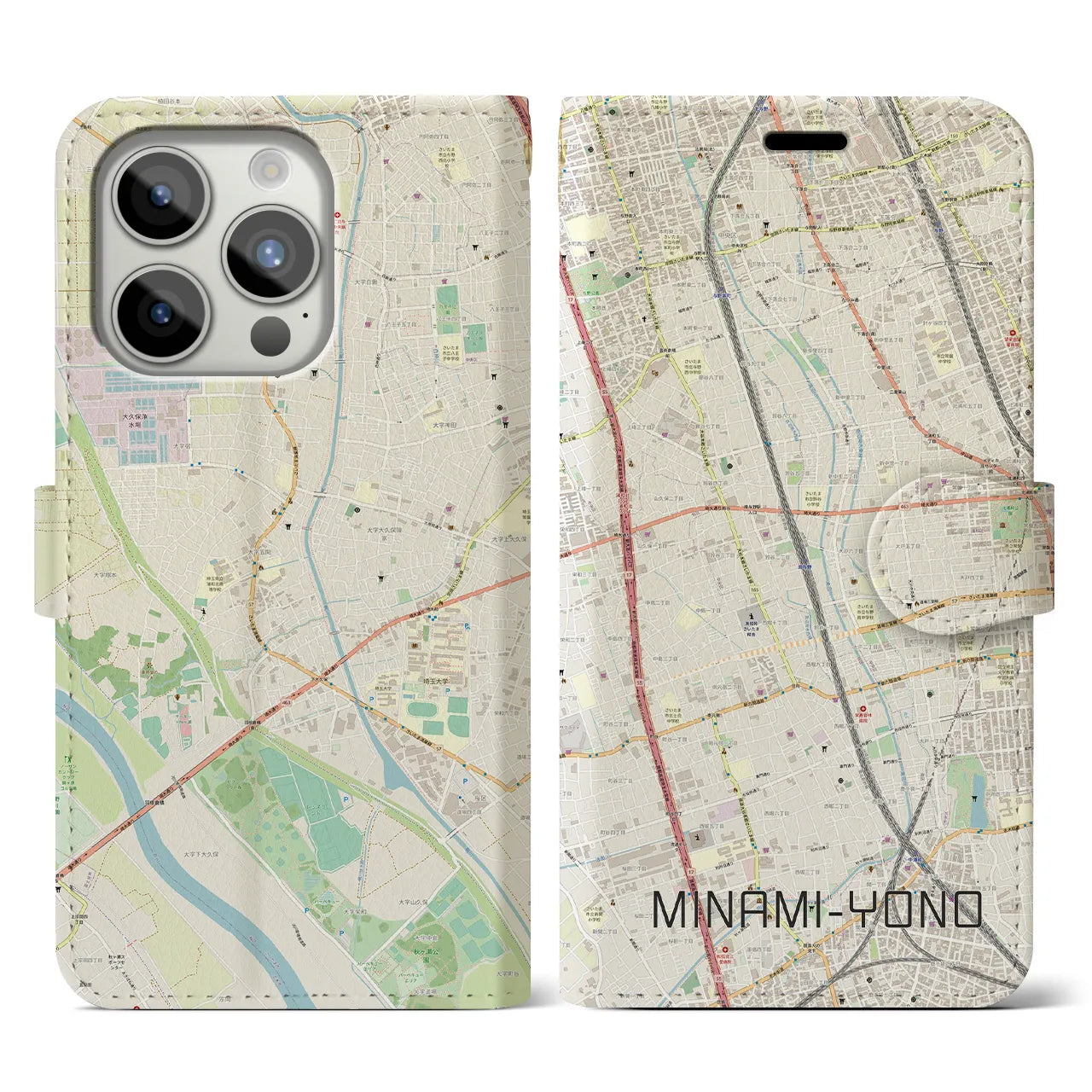 【南与野(埼玉県)】地図柄iPhoneケース(手帳タイプ)ナチュラル・iPhone 15 Pro 用