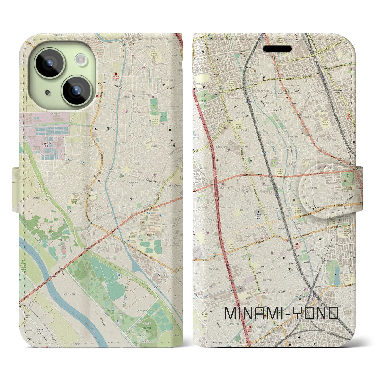 【南与野(埼玉県)】地図柄iPhoneケース(手帳タイプ)ナチュラル・iPhone 15 用