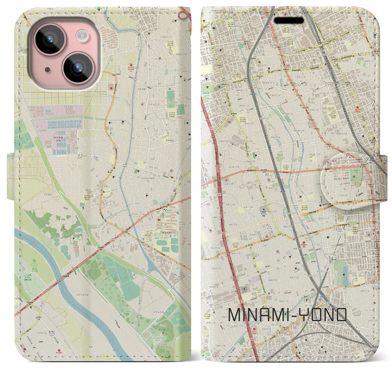 【南与野(埼玉県)】地図柄iPhoneケース(手帳タイプ)ナチュラル・iPhone 15 Plus 用