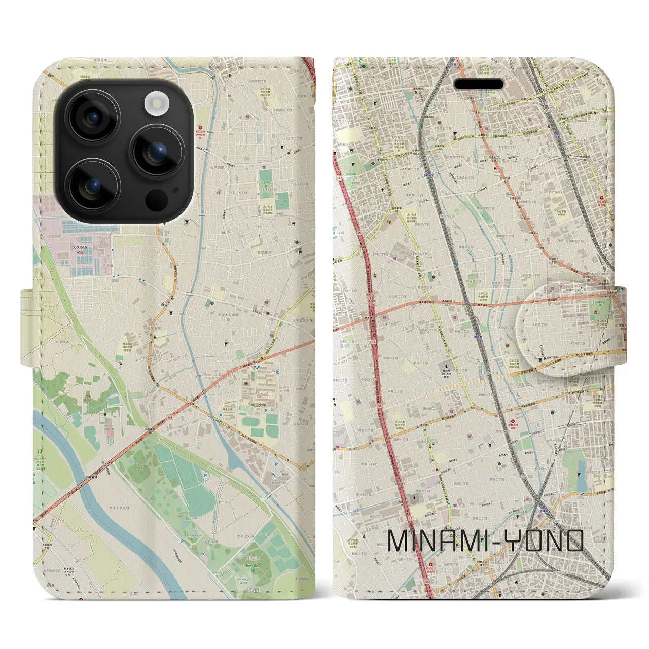 【南与野(埼玉県)】地図柄iPhoneケース(手帳タイプ)ナチュラル・iPhone 16 用