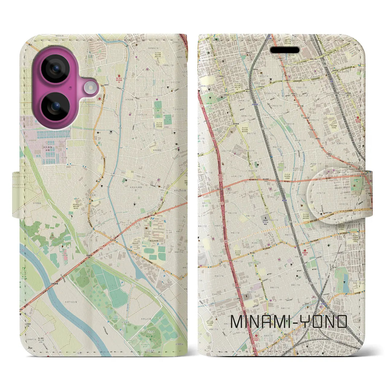 【南与野(埼玉県)】地図柄iPhoneケース(手帳タイプ)ナチュラル・iPhone 16 Pro 用