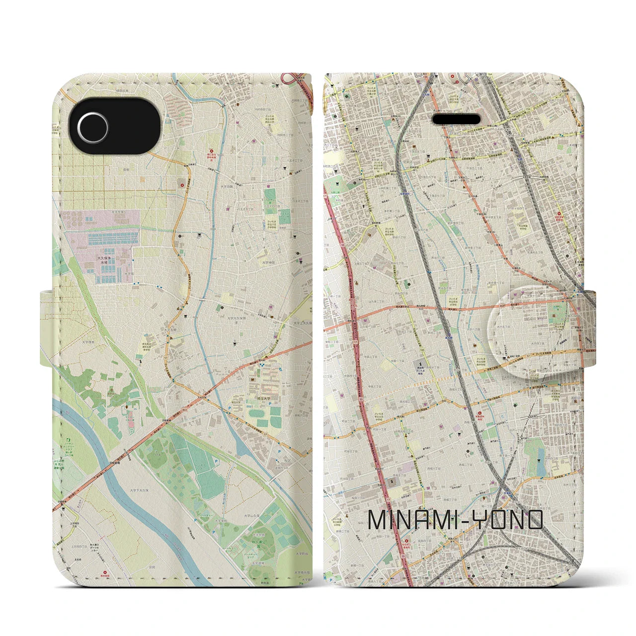 【南与野(埼玉県)】地図柄iPhoneケース(手帳タイプ)ナチュラル・iPhone SE(第3 / 第2世代) / 8 / 7 / 6s / 6 用