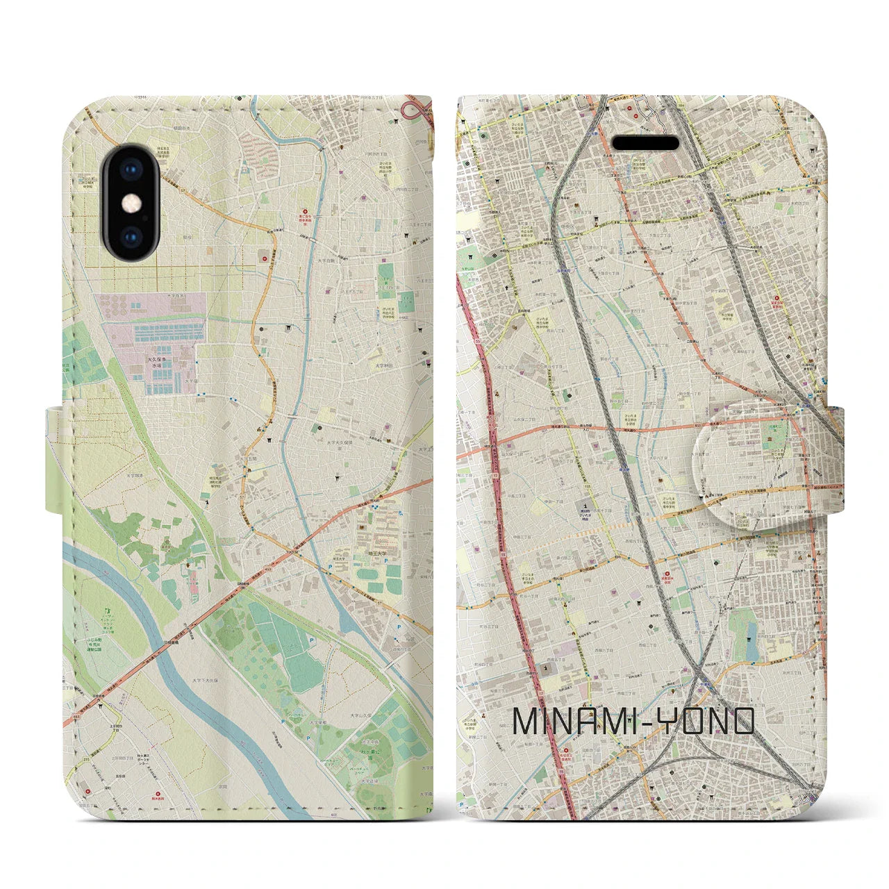 【南与野(埼玉県)】地図柄iPhoneケース(手帳タイプ)ナチュラル・iPhone XS / X 用