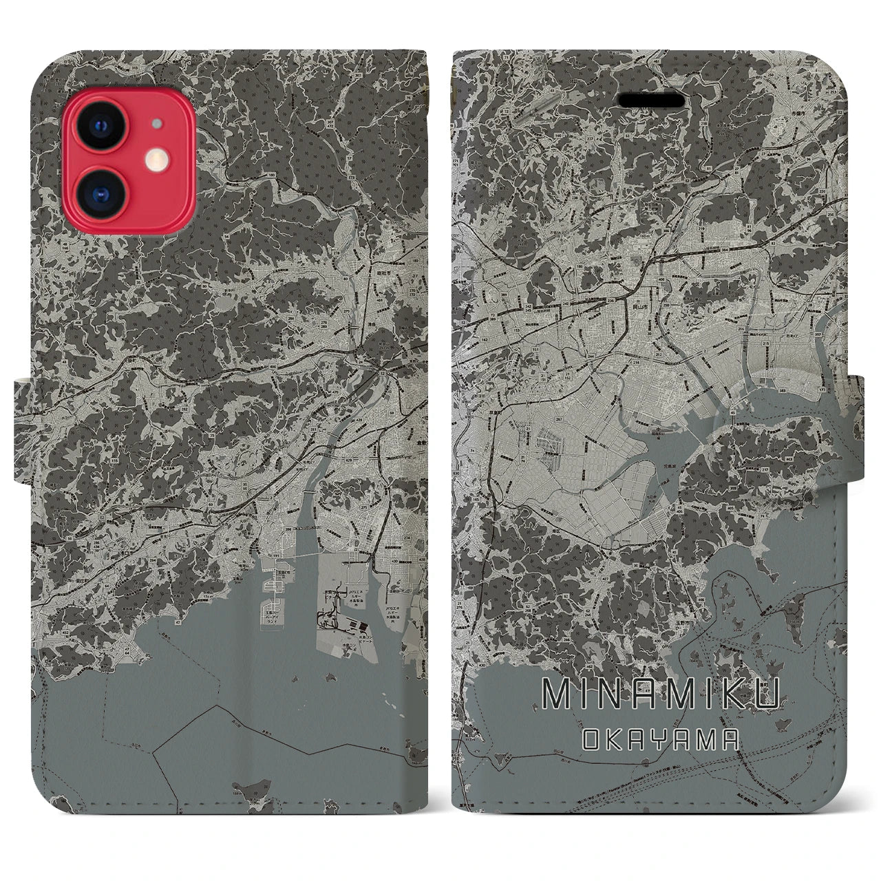 【南区(岡山市)】地図柄iPhoneケース(手帳タイプ)モノトーン・iPhone 11 用