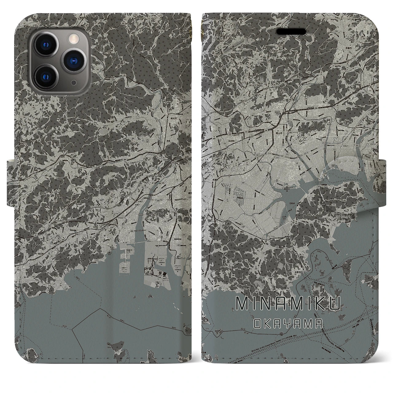 【南区(岡山市)】地図柄iPhoneケース(手帳タイプ)モノトーン・iPhone 11 Pro Max 用