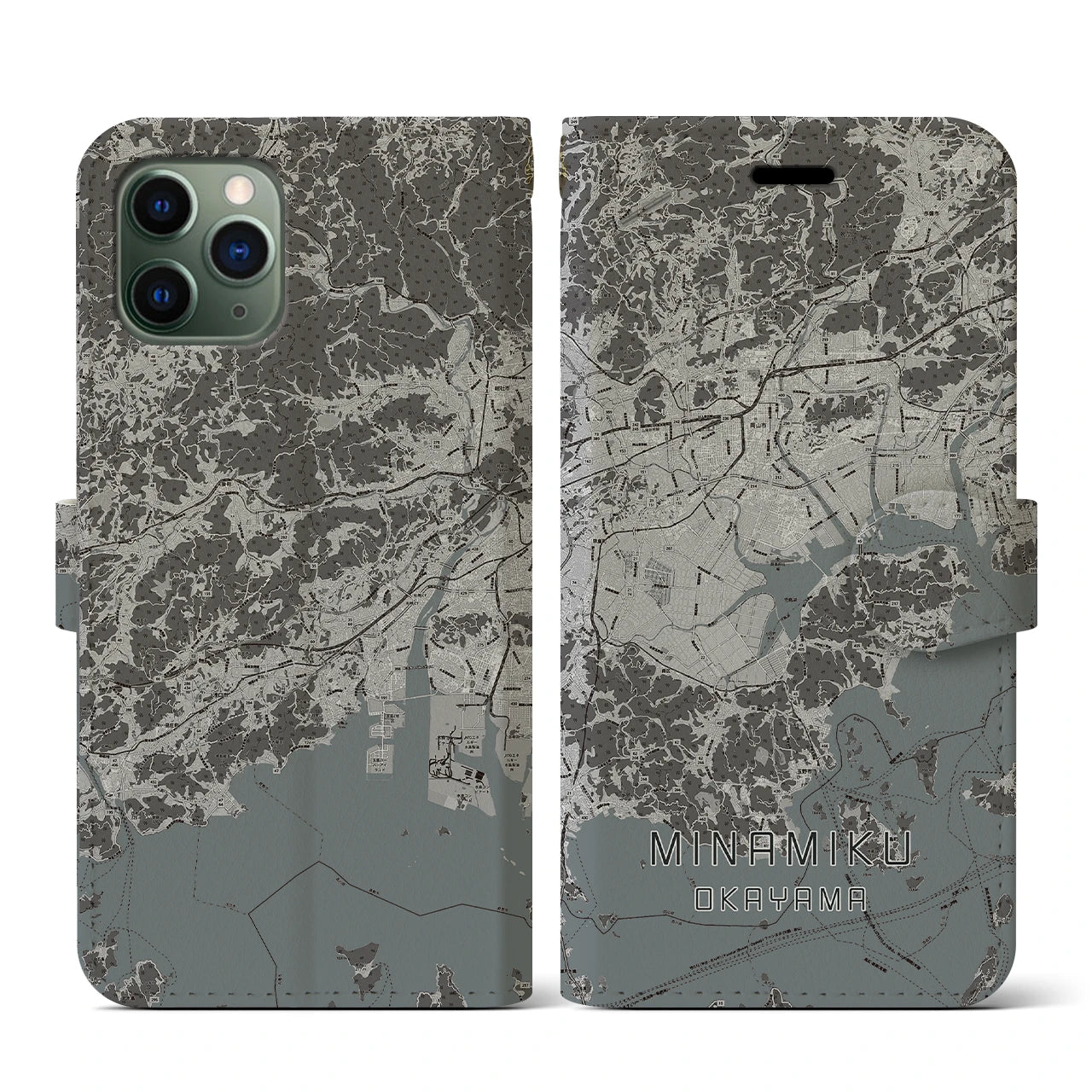 【南区(岡山市)】地図柄iPhoneケース(手帳タイプ)モノトーン・iPhone 11 Pro 用