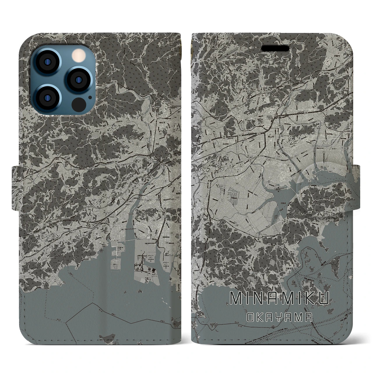 【南区(岡山市)】地図柄iPhoneケース(手帳タイプ)モノトーン・iPhone 12 / 12 Pro 用
