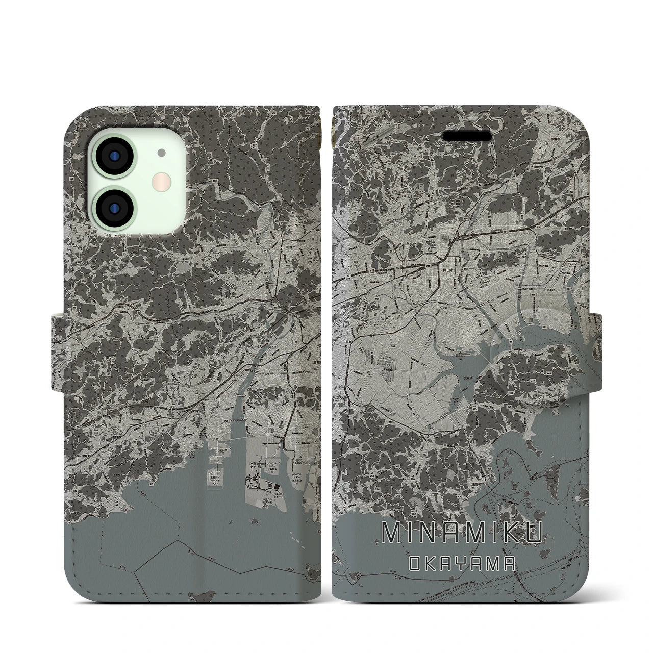 【南区(岡山市)】地図柄iPhoneケース(手帳タイプ)モノトーン・iPhone 12 mini 用