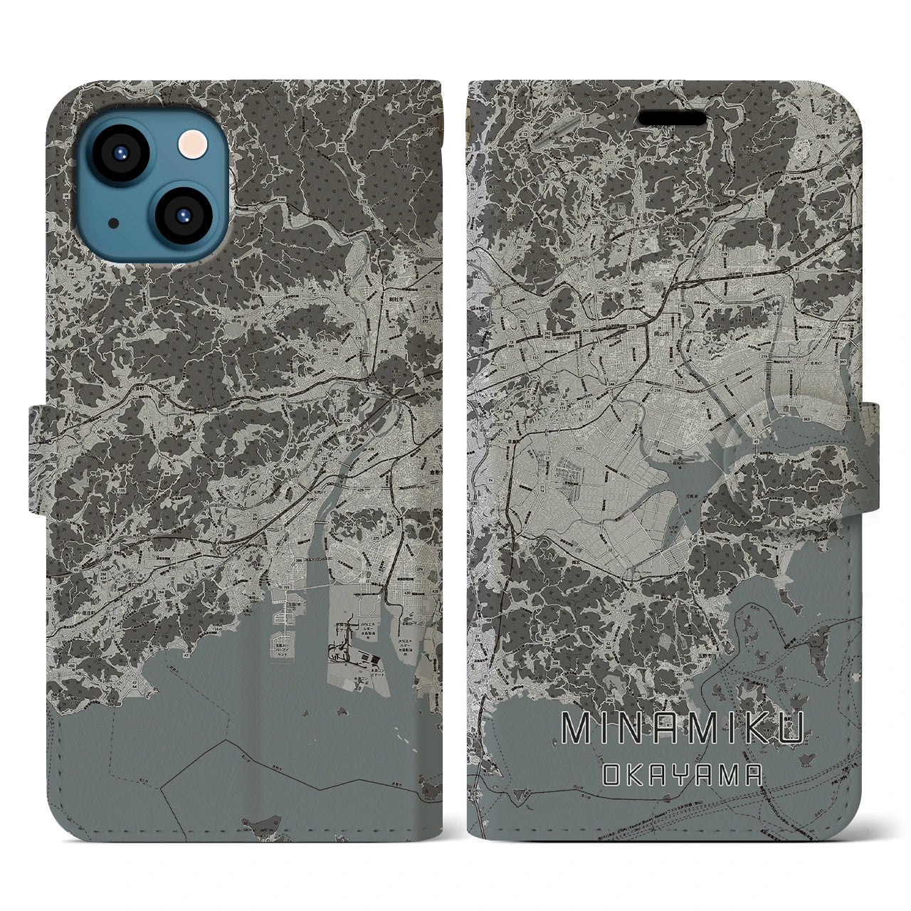 【南区(岡山市)】地図柄iPhoneケース(手帳タイプ)モノトーン・iPhone 13 用