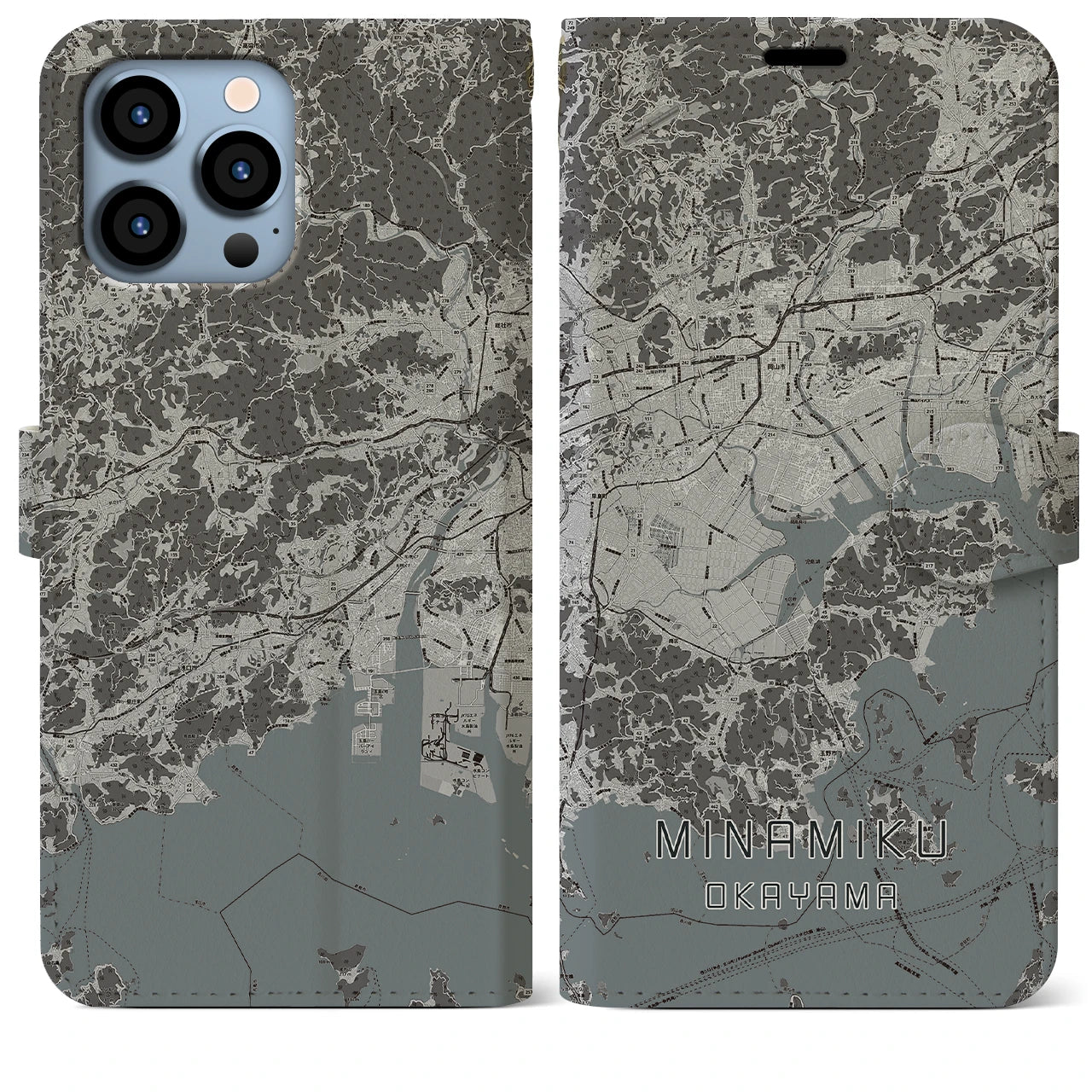 【南区(岡山市)】地図柄iPhoneケース(手帳タイプ)モノトーン・iPhone 13 Pro Max 用