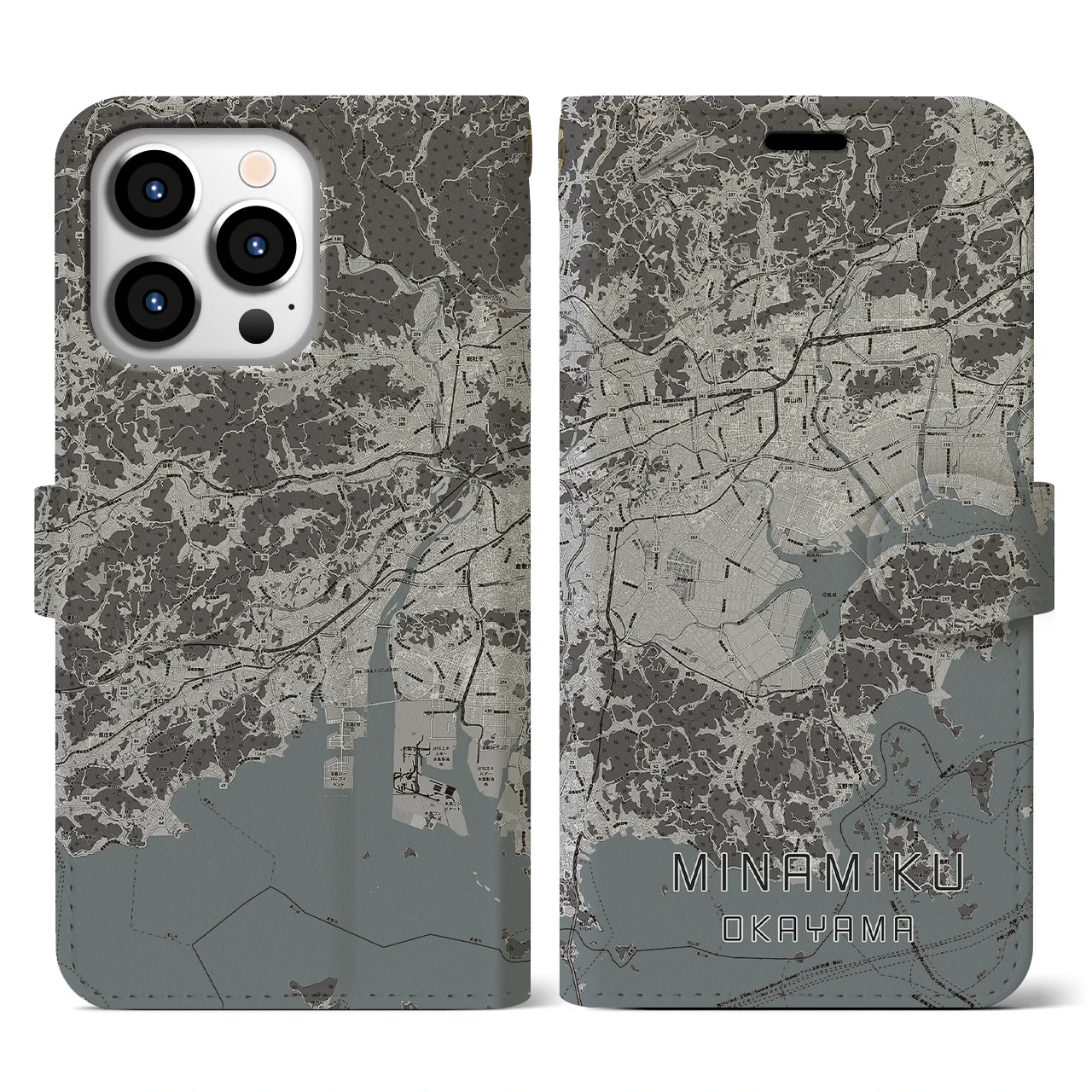 【南区(岡山市)】地図柄iPhoneケース(手帳タイプ)モノトーン・iPhone 13 Pro 用