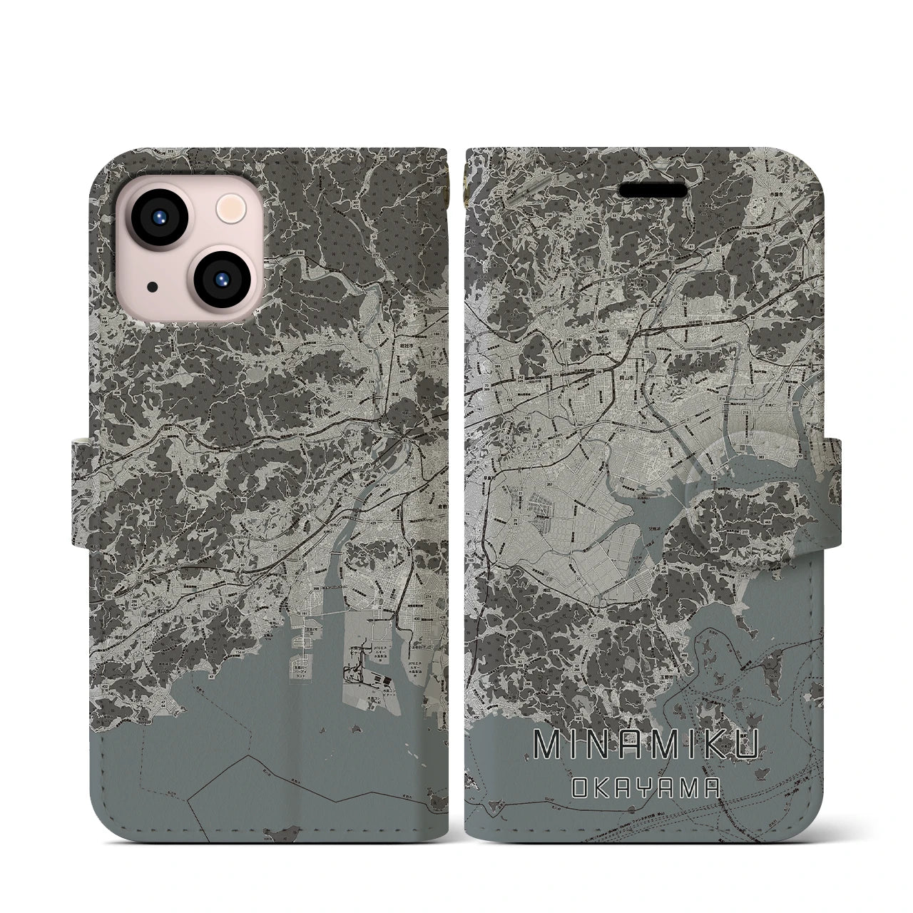 【南区(岡山市)】地図柄iPhoneケース(手帳タイプ)モノトーン・iPhone 13 mini 用