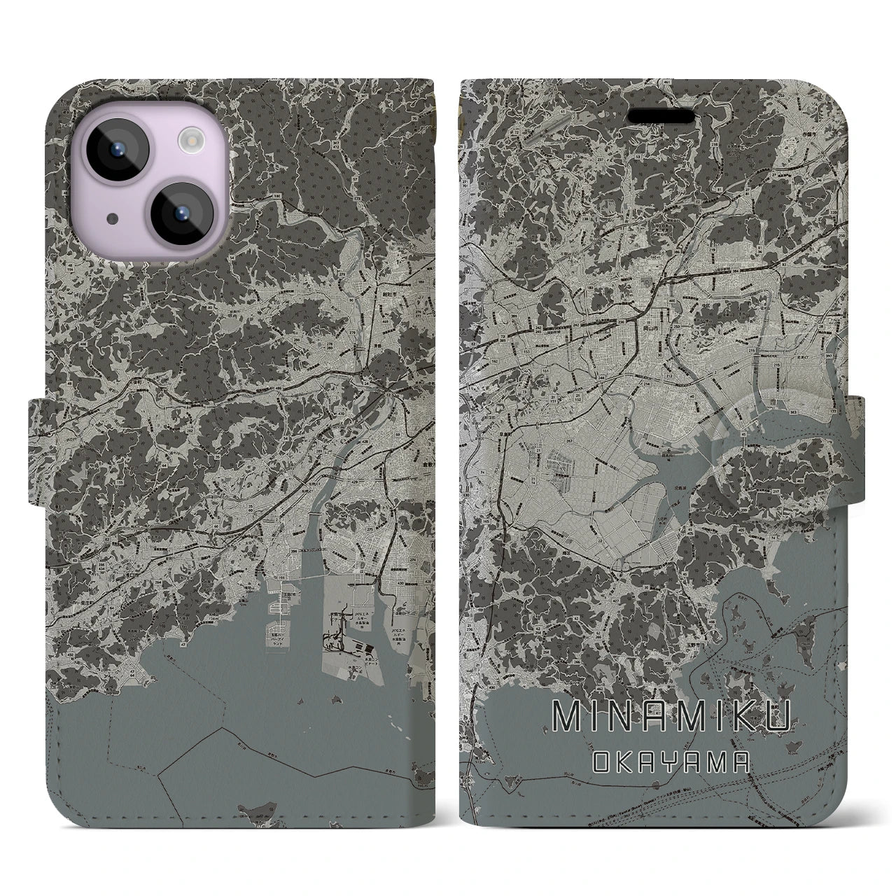 【南区(岡山市)】地図柄iPhoneケース(手帳タイプ)モノトーン・iPhone 14 用