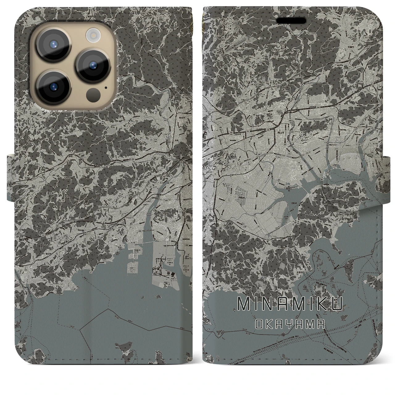 【南区(岡山市)】地図柄iPhoneケース(手帳タイプ)モノトーン・iPhone 14 Pro Max 用